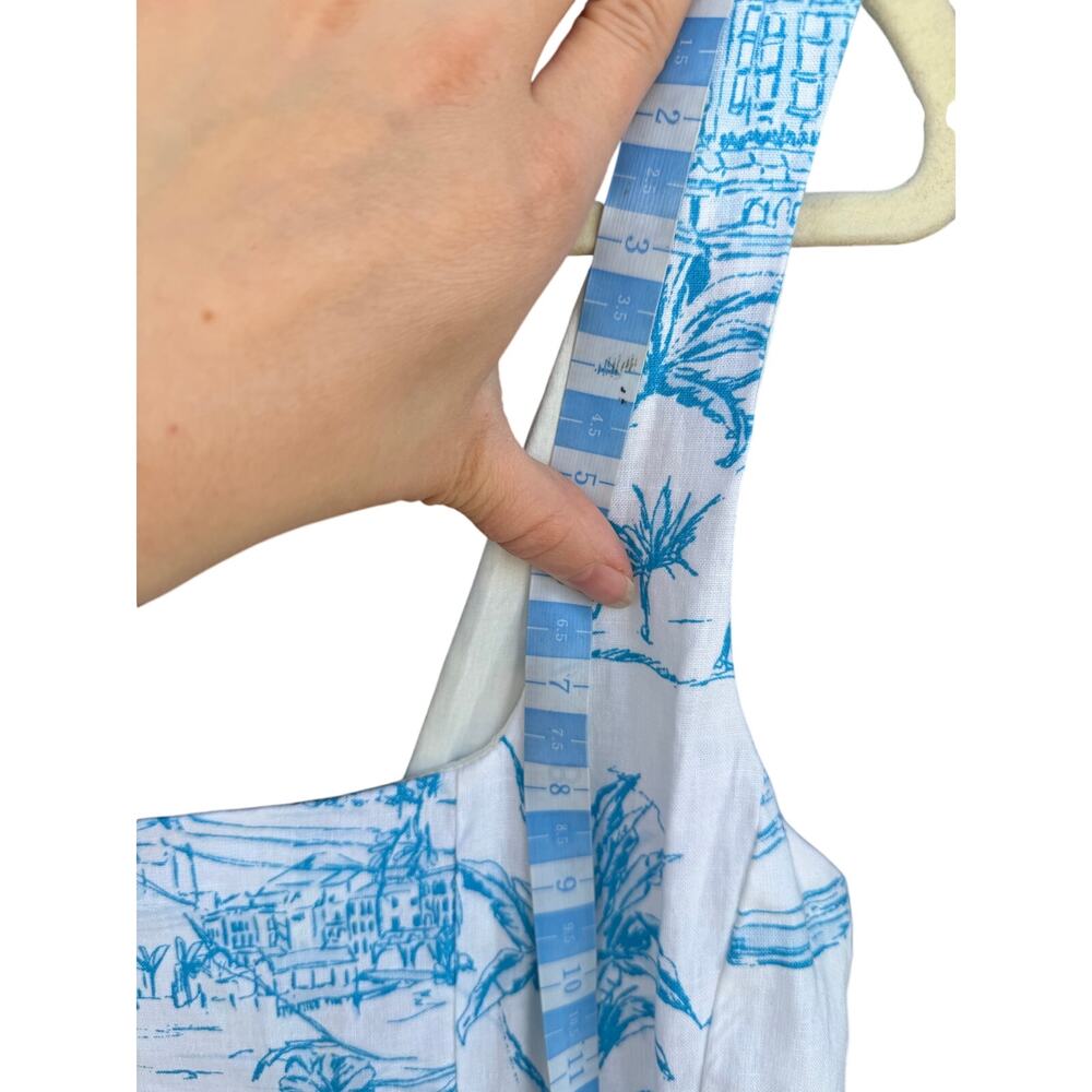 Joie Blue White Palm Tree Print Linen Blend Square Neck Midi Dress - Picture 8 of 9